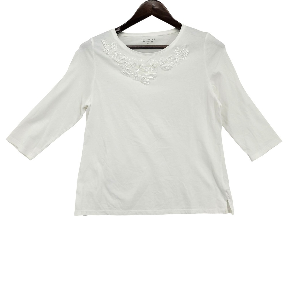 Talbots Petites SP 3/4 Sleeve Top‎ Cotton White Beaded Embellished Classic